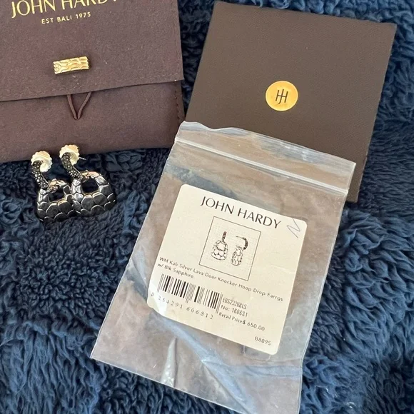 John Hardy Kali Silver Lava Door Knocker Hoop Drop Earrings with black sapphire